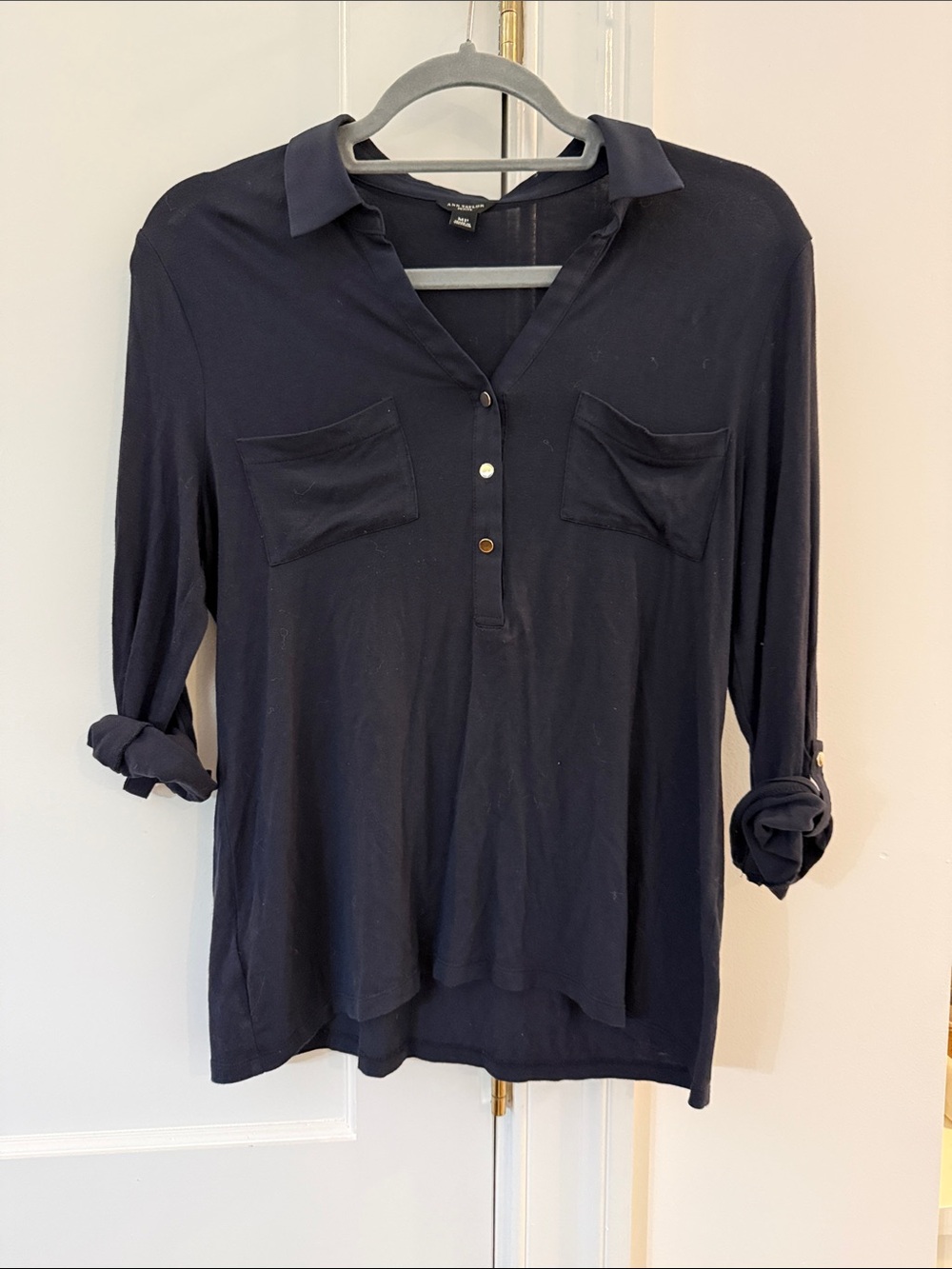 Ann Taylor Navy Button-Front Utility Shirt